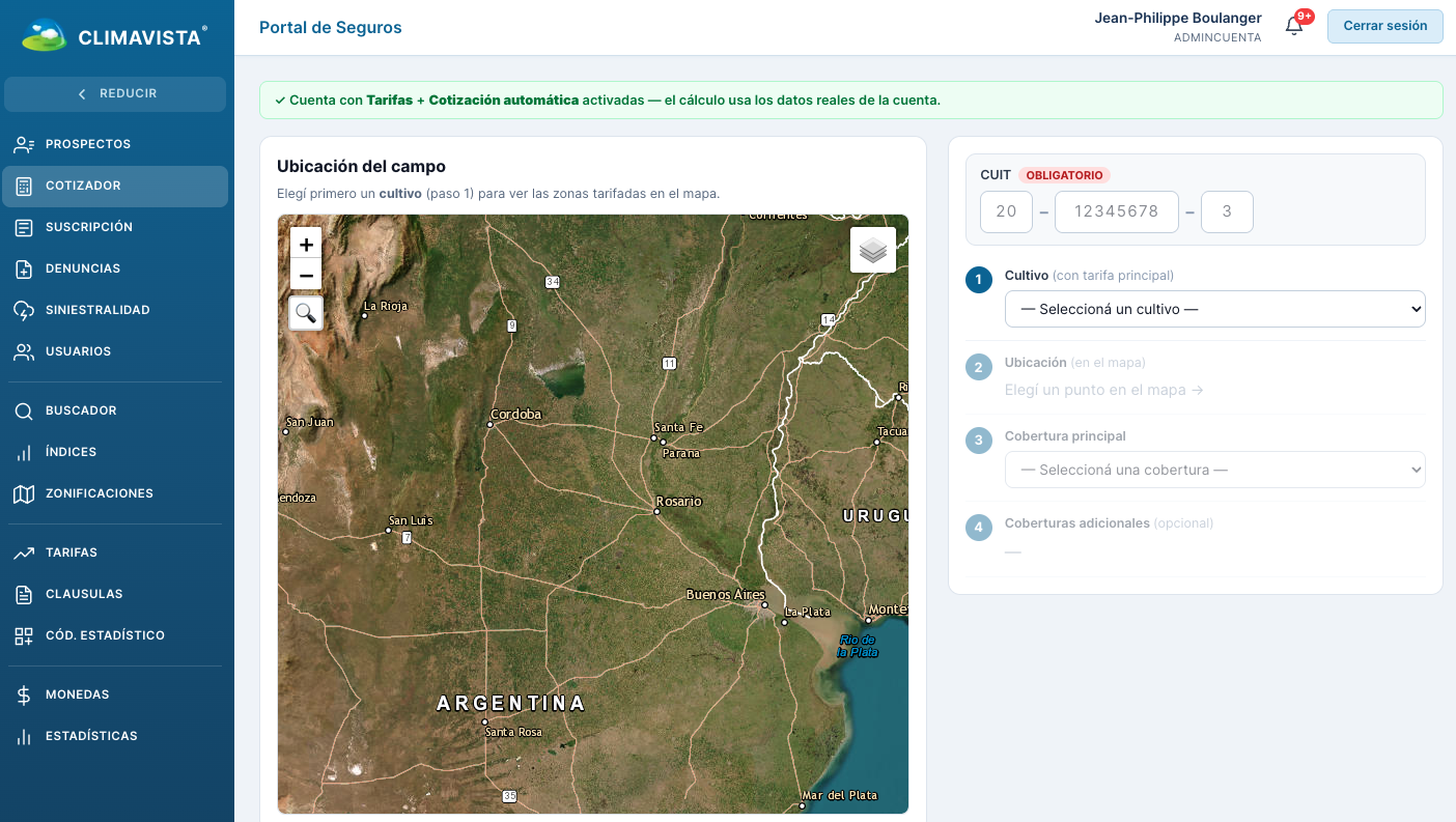 Interface du cotateur en ligne destiné aux agents