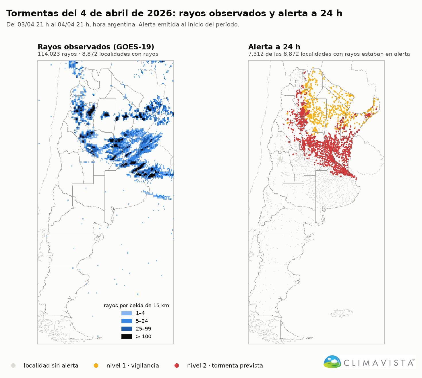Carte de l'Argentine comparant les éclairs observés par GOES-19 et l'alerte foudre à 24 h du 4 avril 2026