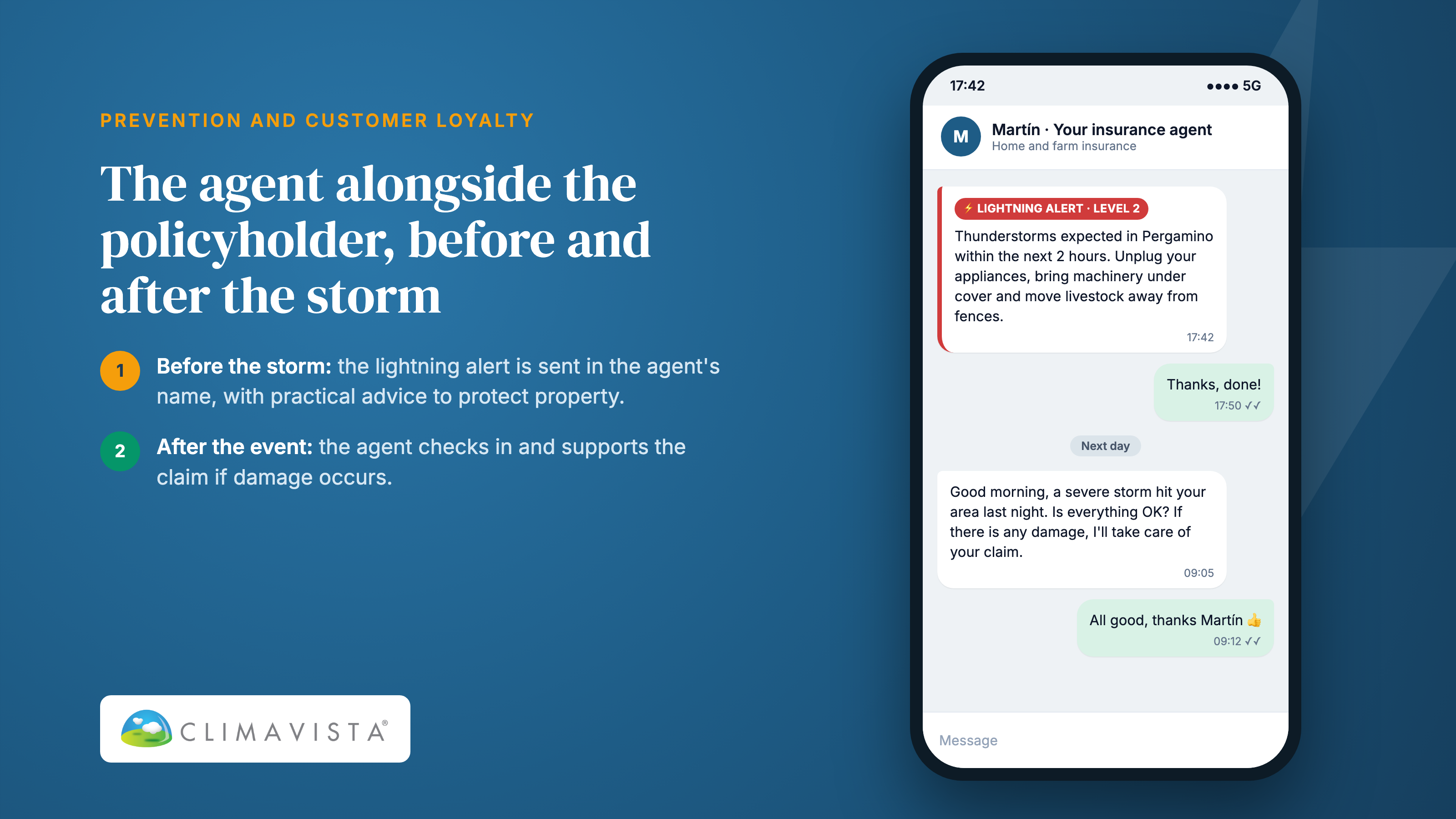 Lightning alert sent by an insurance broker to a customer before the storm