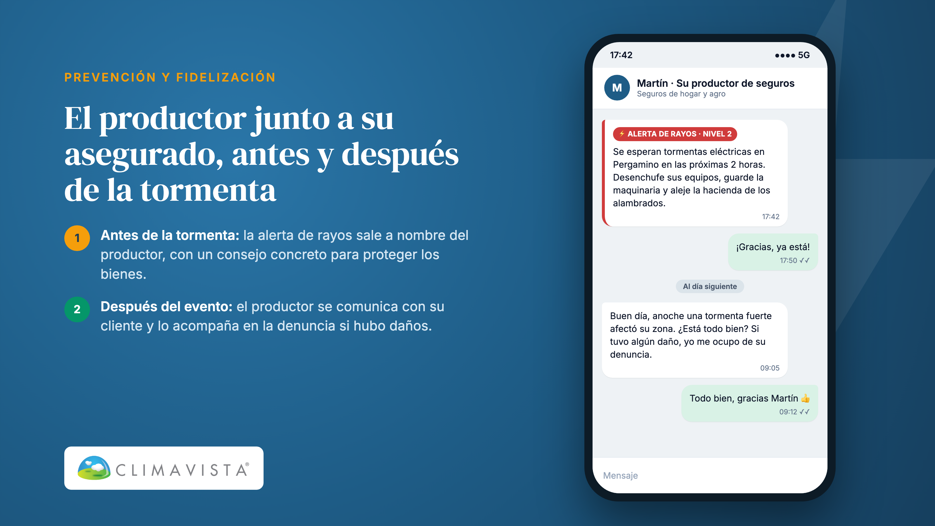 Alerta de rayos enviada por un productor de seguros a su cliente antes de la tormenta