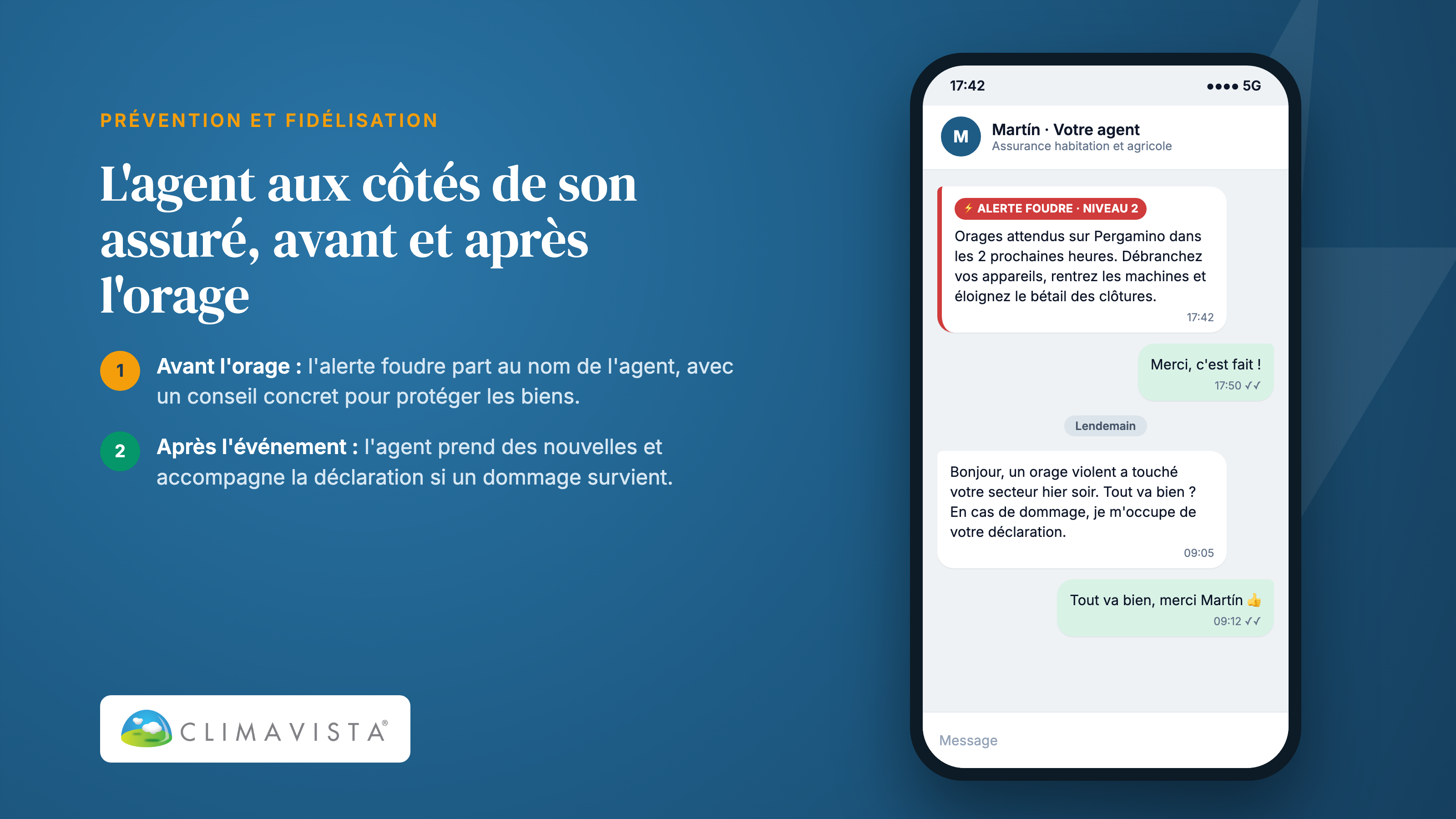 Alerte foudre envoyée par un agent d'assurance à son client avant l'orage