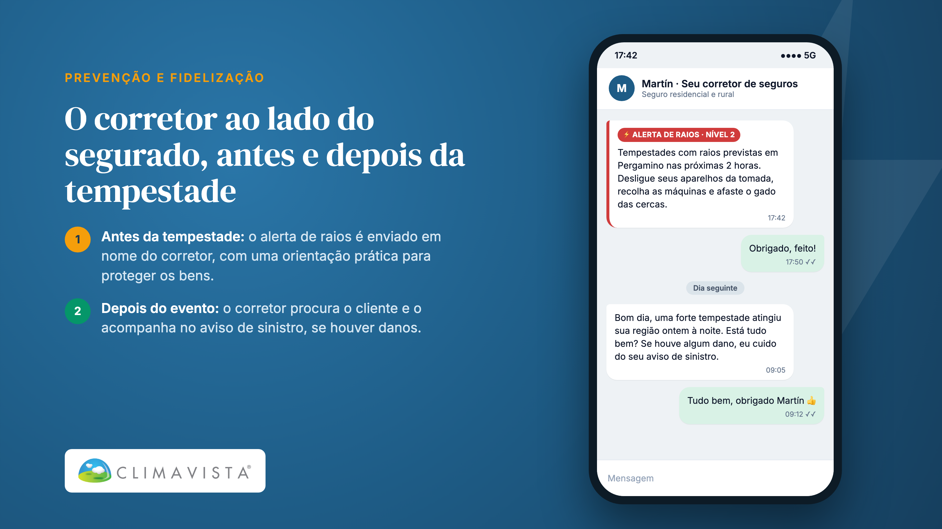 Alerta de raios enviado por um corretor de seguros ao cliente antes da tempestade